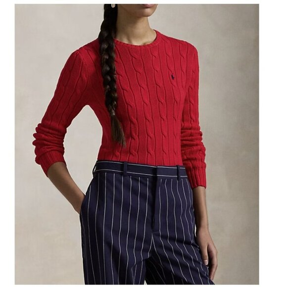 Polo Ralph Lauren New Cable-Knit Cotton Crewneck Red Sweater - Picture 1 of 11